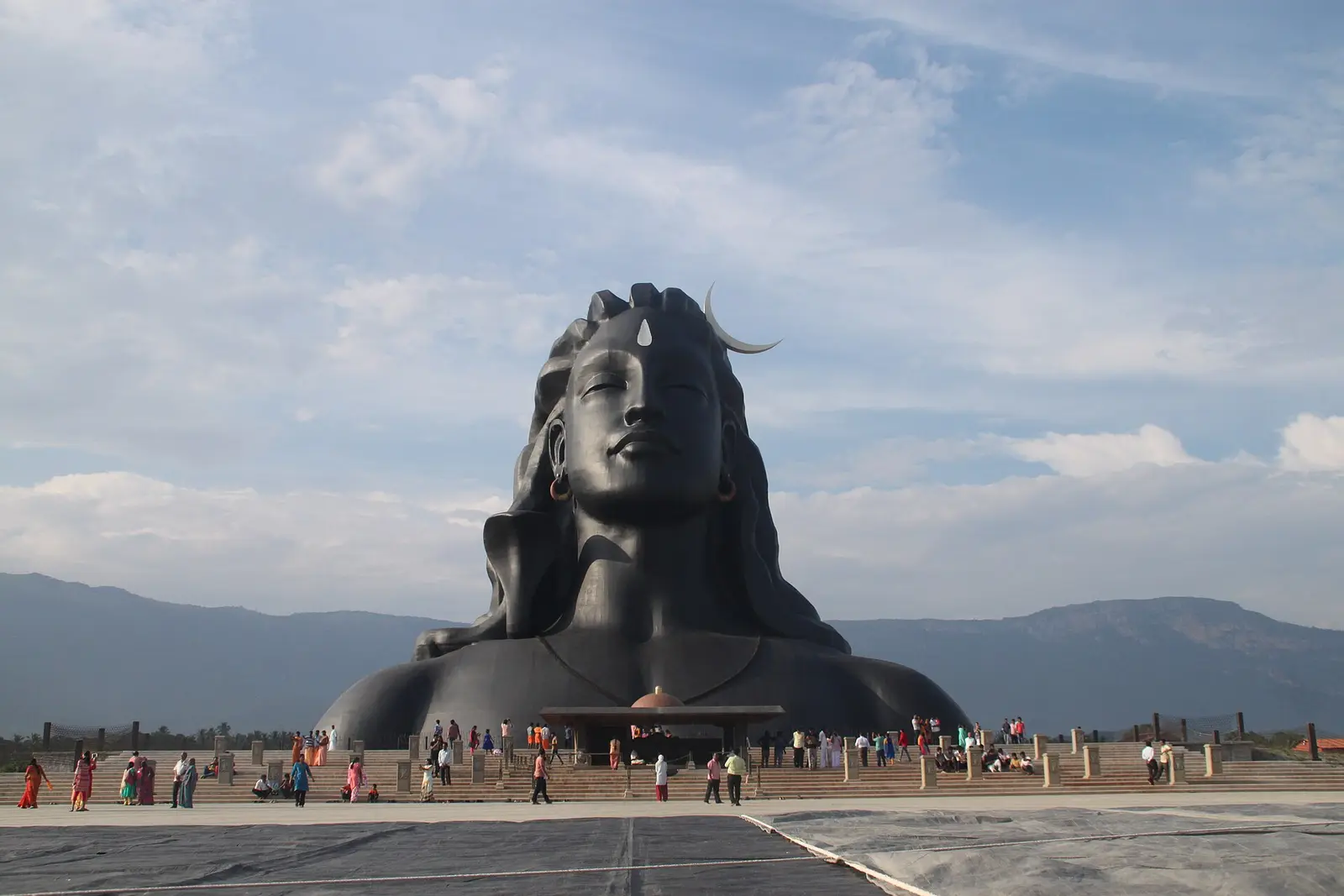 The Adiyogi Shiva statue at the Isha Yoga Centre near Coimbatore with visitors below