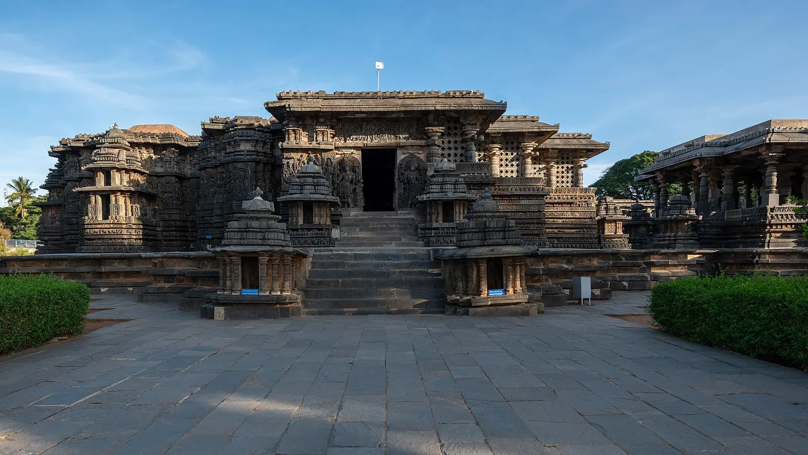 The Hoysaleswara Temple at Halebidu in Hassan district under a blue sky