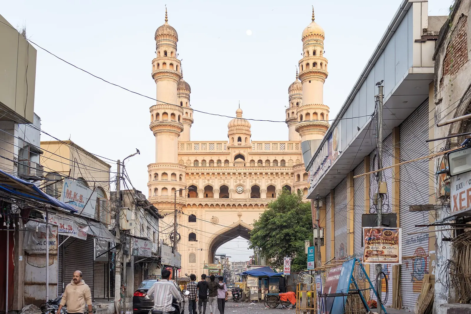 Charminar seen down a market street in Hyderabad