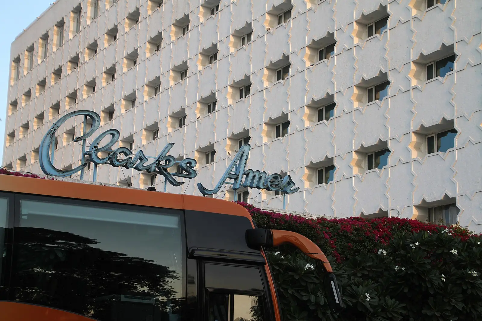 Front of Hotel Clarks Amer in Jaipur with its name sign