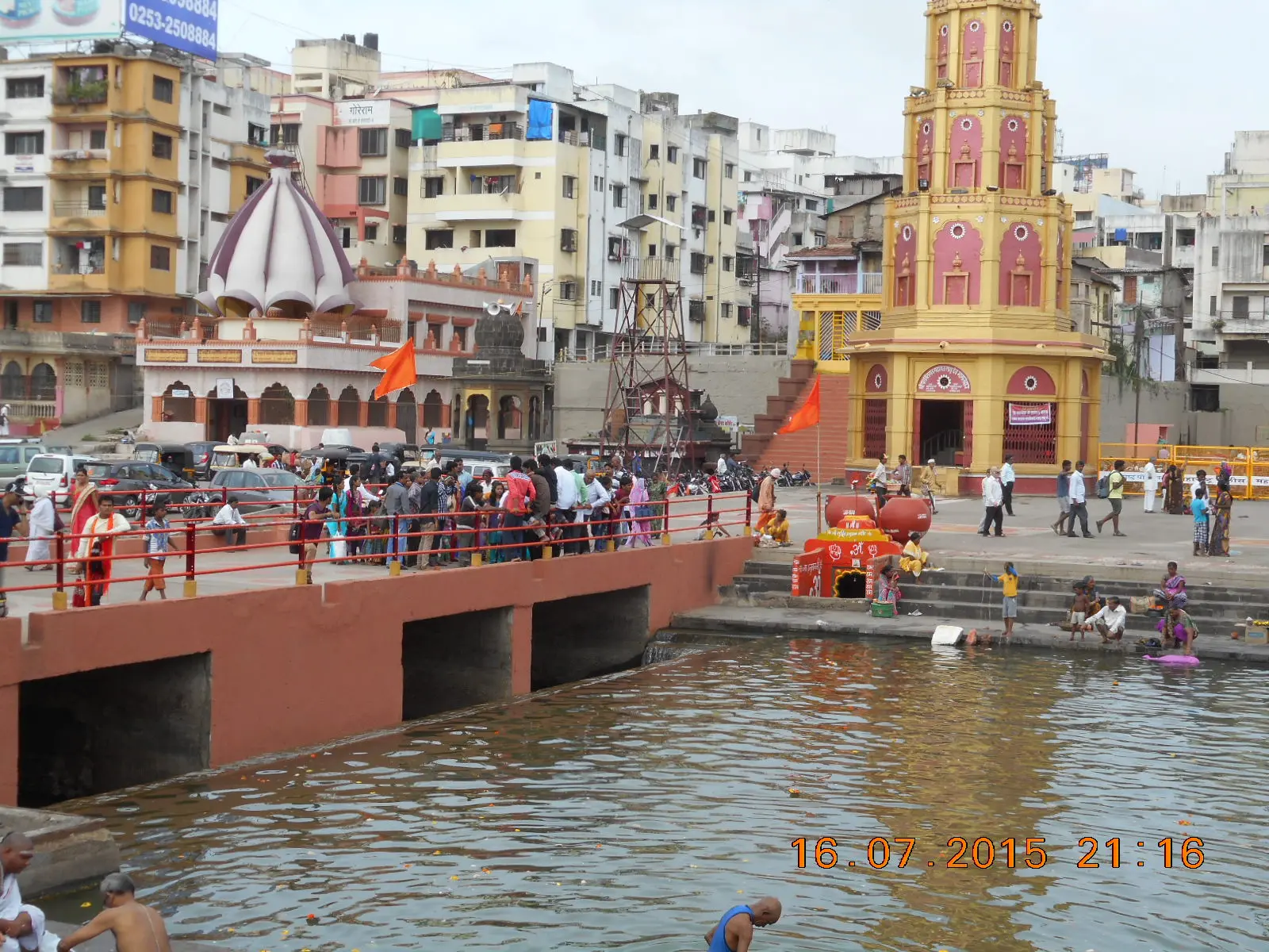Ramkund ghat and temple towers on the Godavari at Nashik during the 2015 Kumbh Mela